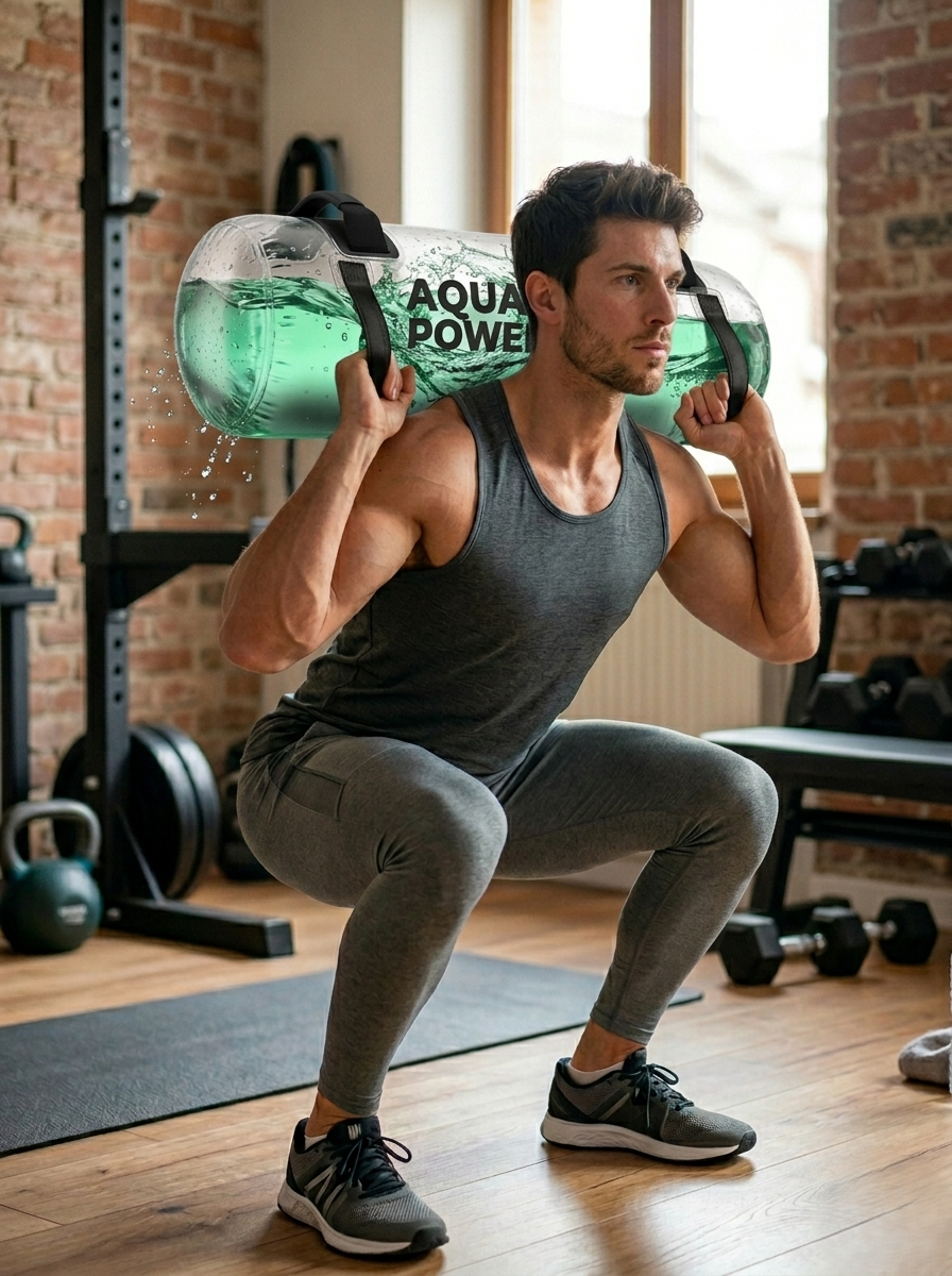 Homme en squat avec le sac AquaPower sur les épaules, dans une salle à domicile
